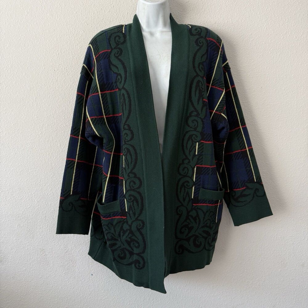 Vtg Escada Plaid Virgin Wool Cardigan Knit Jacket Baroque Tartan Coat Size 34